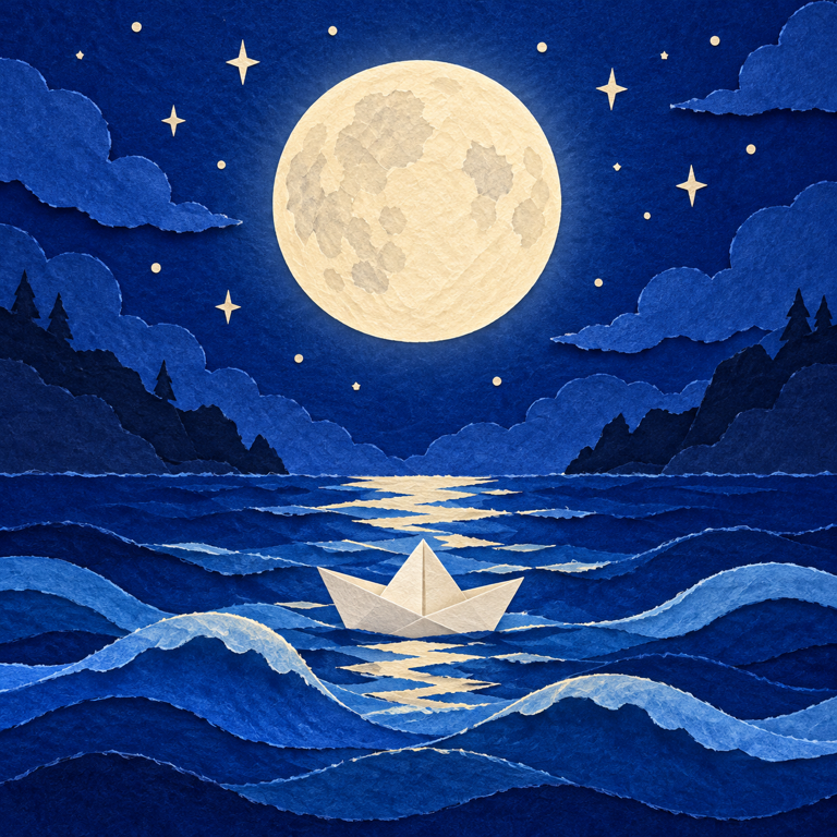 A paper boat sailing across a deep blue sea beneath a paper moon