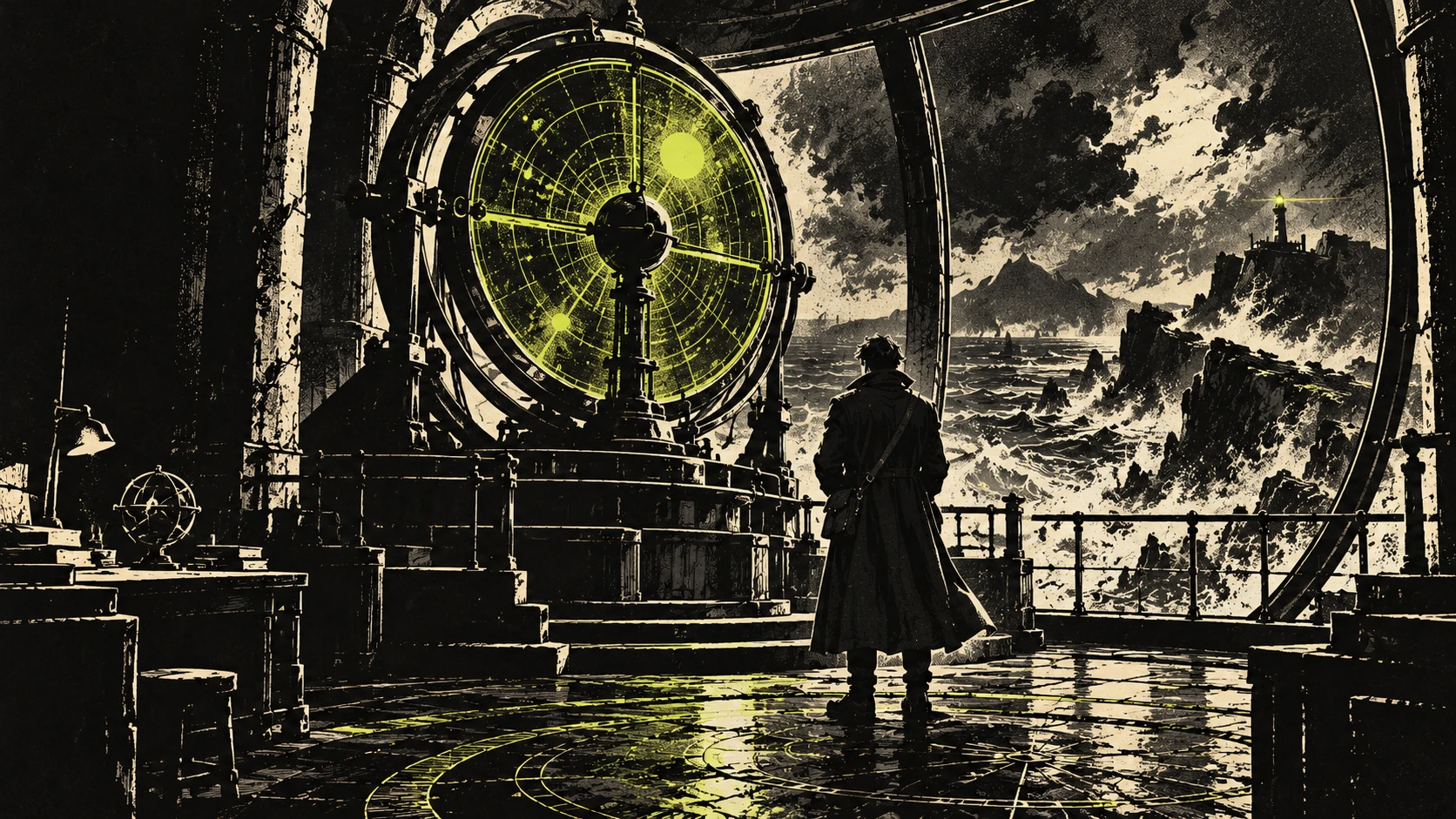 An investigator stands before a glowing signal instrument in an observatory above a stormy sea.